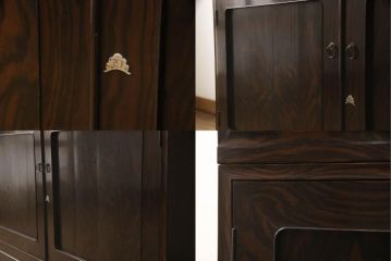 3段重ね桐箪笥を収納棚とローチェストにリメイク!上段・中段は台輪と天板を取り付け重ね収納棚に。引き戸と扉にクリアガラスをはめ込み、衣装盆はスライド式の収納スペースに加工。下段は丸脚の取り付けと、1段目の引き出しを中央で区切り2杯に加工。いずれもヒノキ無垢材の天板を追加。