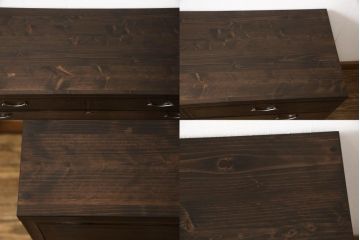 3段重ね桐箪笥を収納棚とローチェストにリメイク!上段・中段は台輪と天板を取り付け重ね収納棚に。引き戸と扉にクリアガラスをはめ込み、衣装盆はスライド式の収納スペースに加工。下段は丸脚の取り付けと、1段目の引き出しを中央で区切り2杯に加工。いずれもヒノキ無垢材の天板を追加。