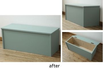 収納ベンチをリメイク!奥行きを小さくリサイズし、強度を確保。天板下に収納を設け、ブルーグレーにペイント仕上げ。