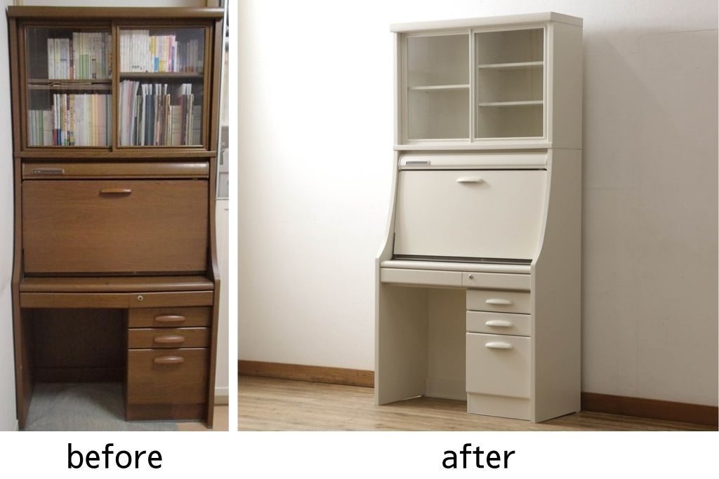 デスクをペイントリメイク!高品質リペアを施し、鍵をシリンダー錠に交換。アンティークホワイトにペイント仕上げ。