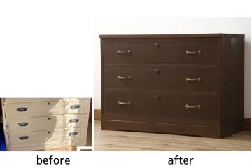 桐箪笥を着色リメイク!ヒノキ無垢材の天板を取り付け、取っ手を交換。オーク系で着色仕上げ。