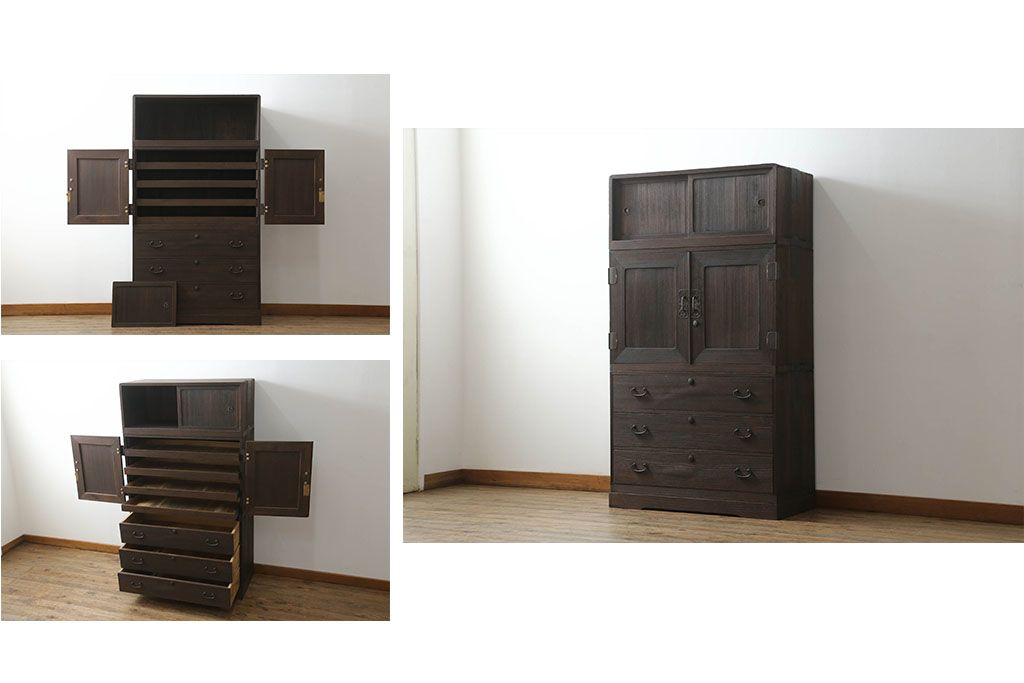 桐箪笥を綺麗に再生。高品質リペアを施し、上段引き戸の内棚引を撤去。チェス系に着色仕上げ。