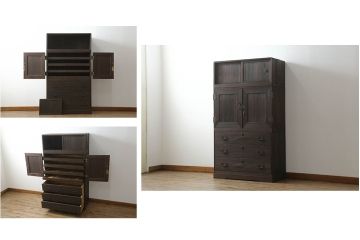 桐箪笥を綺麗に再生。高品質リペアを施し、上段引き戸の内棚引を撤去。チェス系に着色仕上げ。