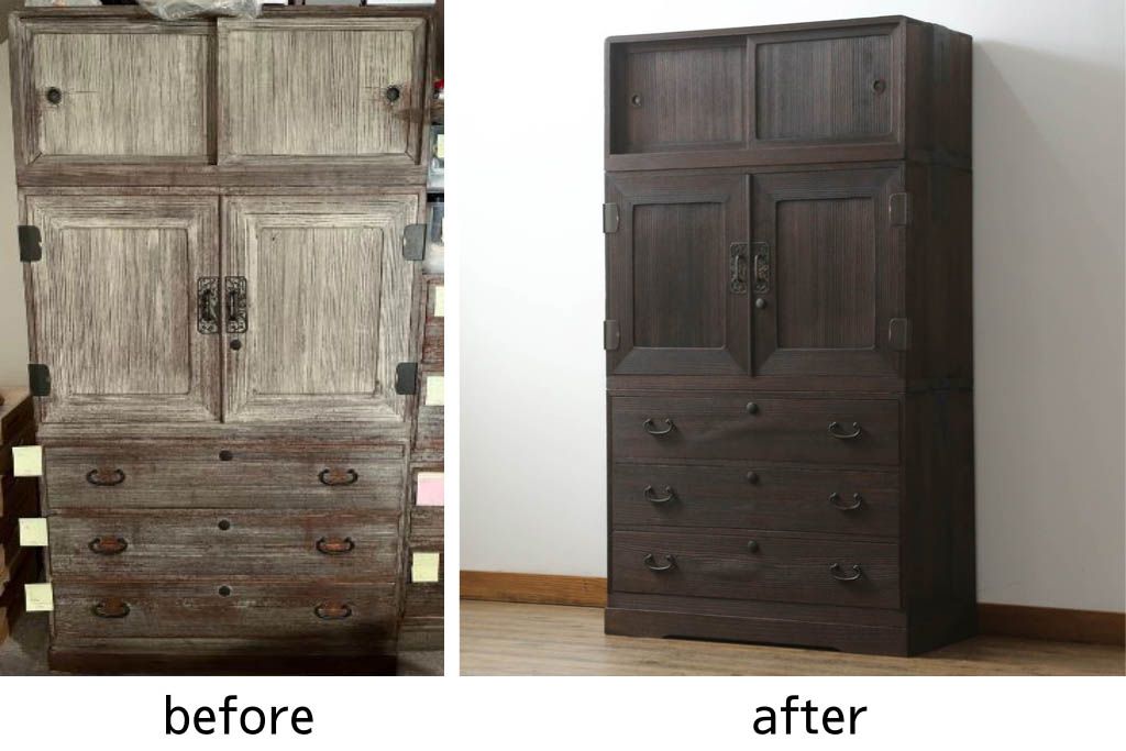 桐箪笥を綺麗に再生。高品質リペアを施し、上段引き戸の内棚引を撤去。チェス系に着色仕上げ。