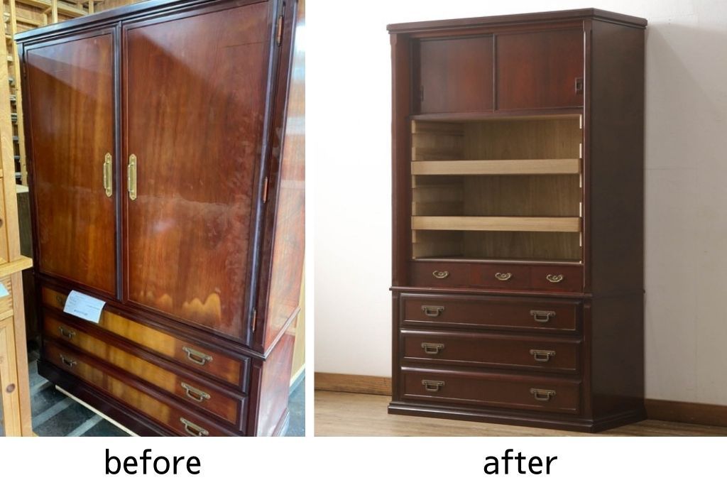 婚礼箪笥を小さくリメイク!高さと幅をリサイズし、観音扉の取り外しでより使いやすく。色ムラを綺麗にして仕上げ。