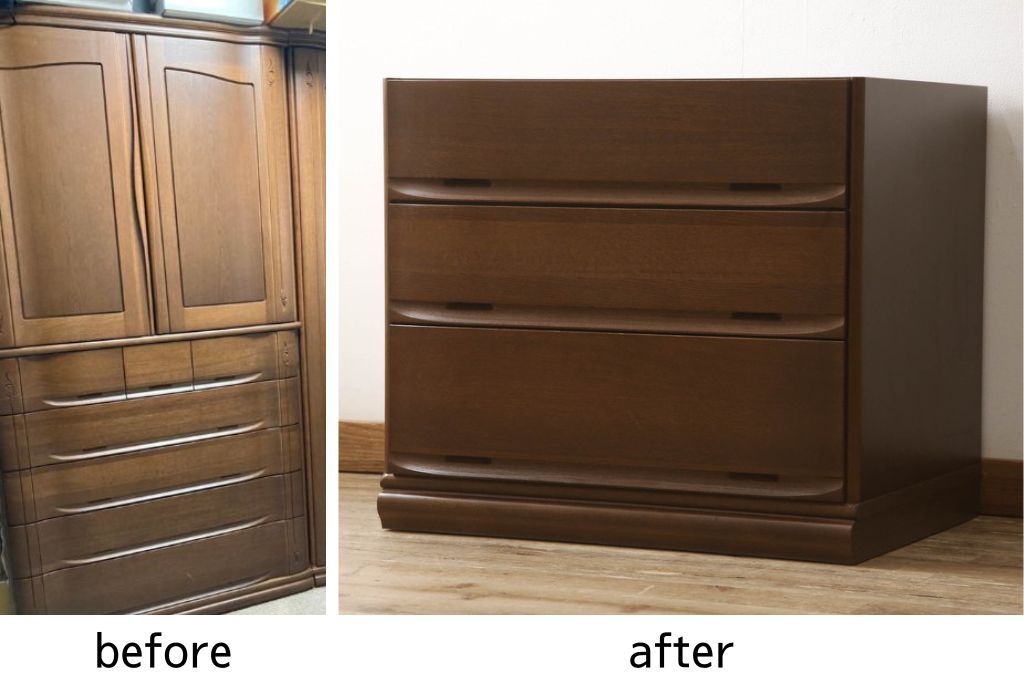 洋服ダンスをチェストにリメイク!下3段を利用し、幅を小さくリサイズ。キャスターを取り付けてクローゼット内収納チェストに。