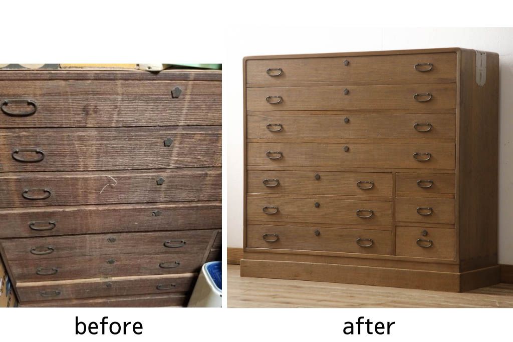 桐箪笥を綺麗に再生!高品質リペアを施し、顔料の入ったワックスで着色仕上げ。