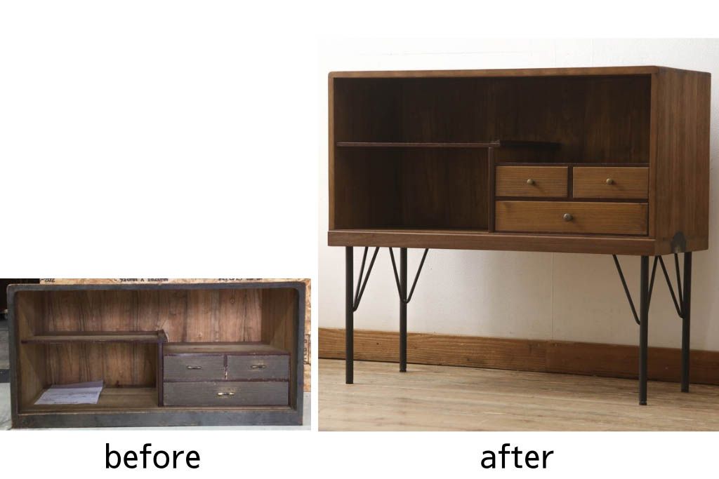 桐箪笥を収納棚にリメイク!奥行きをリサイズし、取っ手を交換。指定の高さに合わせて鉄脚の取り付け。明るめの茶色で塗装。