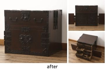 船箪笥を綺麗に再生!高品質リペアを施し、金具を補修、鍵を制作。殺虫のために燻蒸作業。