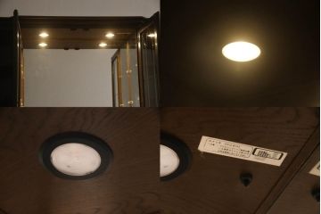 食器棚を収納棚とサイドボードにリメイク!上段はオーク材の天板と台輪を取り付け、照明をLEDに変更。下段は上段の天板を移設・表面にオーク材の突板を張り替え。