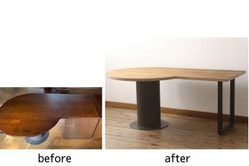 テーブルを使いやすくリメイク!天板を剥離し色ムラを取り除いて埋木。収納棚を撤去し、新たに脚を取り付け。