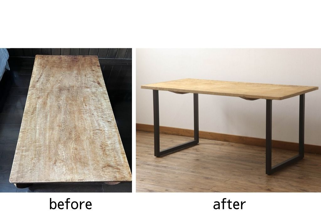 テーブルの脚を取り替えてリメイク!高品質リペアを施し、既存の脚を鉄脚に交換。側面の突起はカットして、天板は塗装を剥離。