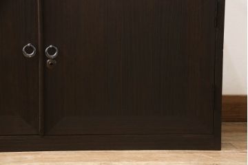 3段重ね桐箪笥の上段をテレビ台にリメイク!高さを調整し、観音扉の取っ手金具を交換。既存の衣装盆1枚を棚板に加工し、ヒノキ材の天板を取り付け。チェスナット系で着色。