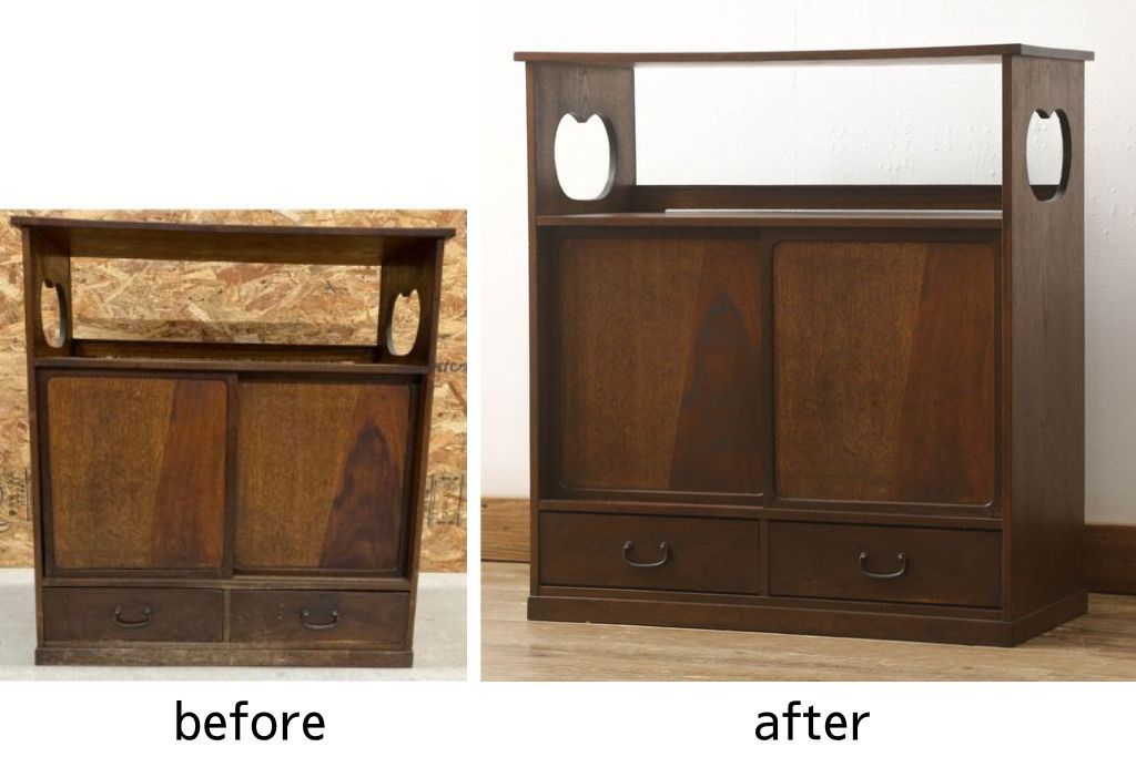 収納棚を綺麗に再生!高品質リペアを施し、既存の棚を撤去、新たに棚板を制作。ワントーン落ち着いた色に着色仕上げ。