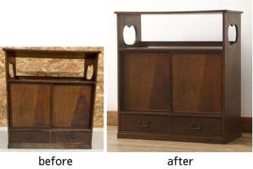 収納棚を綺麗に再生!高品質リペアを施し、既存の棚を撤去、新たに棚板を制作。ワントーン落ち着いた色に着色仕上げ。