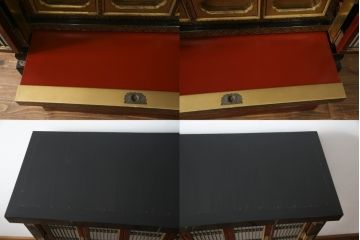 お仏壇をコンパクトにリメイク!上段は引き出し2段分を残しリサイズし、扉の組子に障子紙を貼り付け。下段は上段に合わせ、奥行きのみリサイズ。元の色味に合わせ、全体を着色して仕上げ。