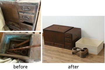 火鉢を綺麗に再生!高品質リペアを施し、天板蓋と銅板箱を新たに制作。木製取っ手を再現制作し、交換用の収納箱も用意。木部の塗装は剥離し濃い茶色に再塗装。