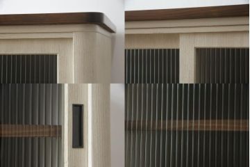 桐箪笥をチェストとサイドボードにリメイク!上段の引き戸にモールガラスをはめ込み、下段は引き出しを縦3等分に分割。上下段を組み合わせ脚付きチェストに。中段は扉と衣装盆を取り外し、棚板を新規製作。脚付きサイドボードに。2台ともアンティークホワイトでペイント。