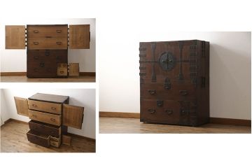重ね桐箪笥を綺麗に再生!全体をオーク系塗料で着色。下段の底面にはクリアキャスターを取り付け。