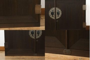 桐箪笥の中段・下段を箪笥にリメイク!中段は天板を取り付け、開き戸内の衣装盆は半分にして6杯に加工し、中央の仕切り製作。下段は天板を取り付け、台輪は希望の高さにカットして取り付け。色味は先にリメイクした商品に色合わせ。
