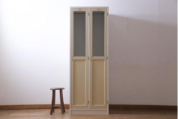【オーダー注文・受注生産商品】ラフジュ工房オリジナル　ヒノキ無垢材・ヒバ材　気泡ガラスがレトロな2人用ペイントロッカー(収納棚、戸棚、ワードローブ)