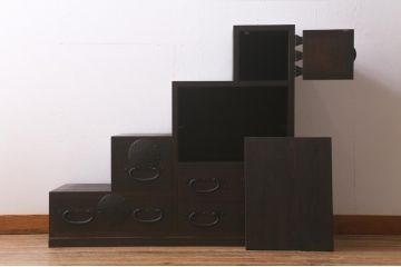 【オーダー注文・受注生産商品】ラフジュ工房オリジナル　古金具リメイク　月見うさぎ　4段階段箪笥(階段タンス、和たんす、引き出し)