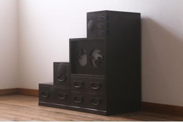 【オーダー注文・受注生産商品】ラフジュ工房オリジナル　古金具リメイク　月見うさぎ　4段階段箪笥(階段タンス、和たんす、引き出し)