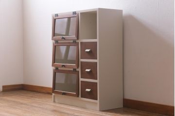 【オーダー注文・受注生産商品】ラフジュ工房オリジナル　古材使用　リメイク家具　ペイント　パタパタ扉　アンティークペイントがおしゃれなキャビネット(収納棚、リビングボード)