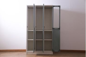 【オーダー注文・受注生産商品】ラフジュ工房オリジナル　ヒノキ無垢材・ヒバ材　チェッカーガラス入り　レトロペイントの3人用ロッカー(収納棚、戸棚)