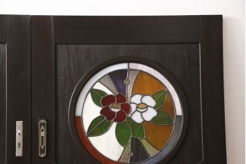 【オーダー注文・受注生産商品】ラフジュ工房オリジナル　丸いステンドグラスが目を惹くクラシカルな雰囲気の引き戸2枚セット(玄関戸、引き違い戸、建具、板戸)