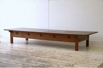 アンティーク家具　古い木の両面引き出し作業台