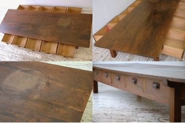 アンティーク家具　古い木の両面引き出し作業台
