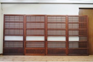 美品!!裏障子付時代格子戸4枚セット(銀モールガラス入)