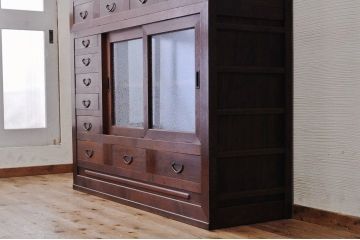 極上美品!モダンな結霜ガラス五尺水屋箪笥