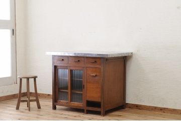 アンティーク家具　古いブナ材のモールガラスキッチンテーブル(作業台)