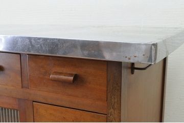 アンティーク家具　古いブナ材のモールガラスキッチンテーブル(作業台)
