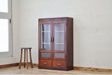 アンティーク家具　古い木の上質なダイヤガラス本箱