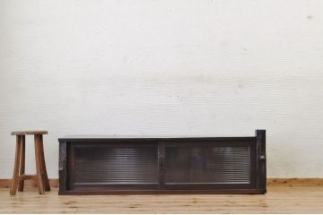 アンティーク家具　天板一枚板!古い木のモールガラスローボード(置き床)