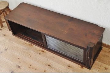 アンティーク家具　天板一枚板!古い木のモールガラスローボード(置き床)
