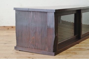 アンティーク家具　天板一枚板!古い木のモールガラスローボード(置き床)