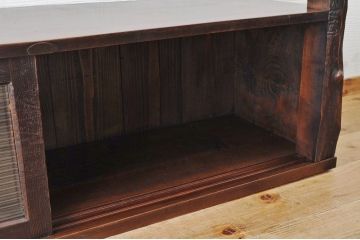 アンティーク家具　天板一枚板!古い木のモールガラスローボード(置き床)