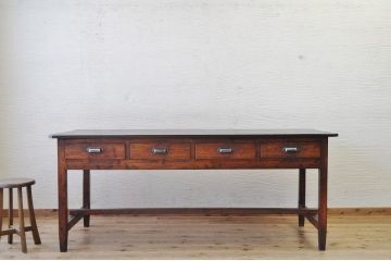 アンティーク家具　古い木の大きな両面引き出し付作業台(テーブル)