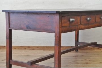 アンティーク家具　古い木の大きな両面引き出し付作業台(テーブル)