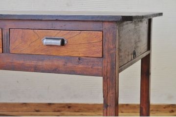アンティーク家具　古い木の大きな両面引き出し付作業台(テーブル)