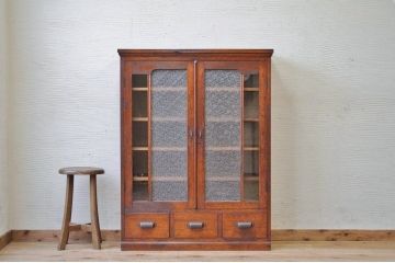 アンティーク家具　古い木のダイヤガラス収納棚(飾り棚)