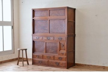 アンティーク家具　古民具　最高級欅材特別注文作り　前面総玉杢茶箪笥