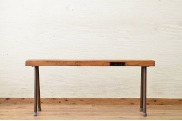 アンティーク家具　古い欅材の一枚板の鉄脚アンティークベンチ1　(長椅子)