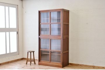 アンティーク家具　☆シンプルなモールガラス二段重ねアンティーク収納棚