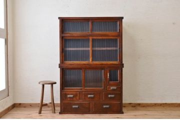 アンティーク家具　☆前面欅!モールガラス二段重ね食器棚(収納棚)