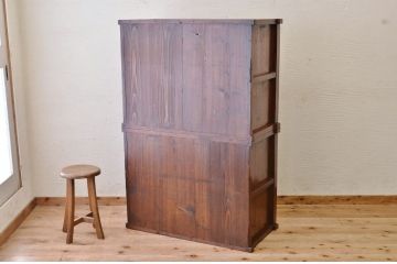 アンティーク家具　☆前面欅!モールガラス二段重ね食器棚(収納棚)